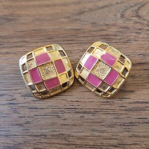 Vintage Checkerboard Dome Gold and Pink Earrings